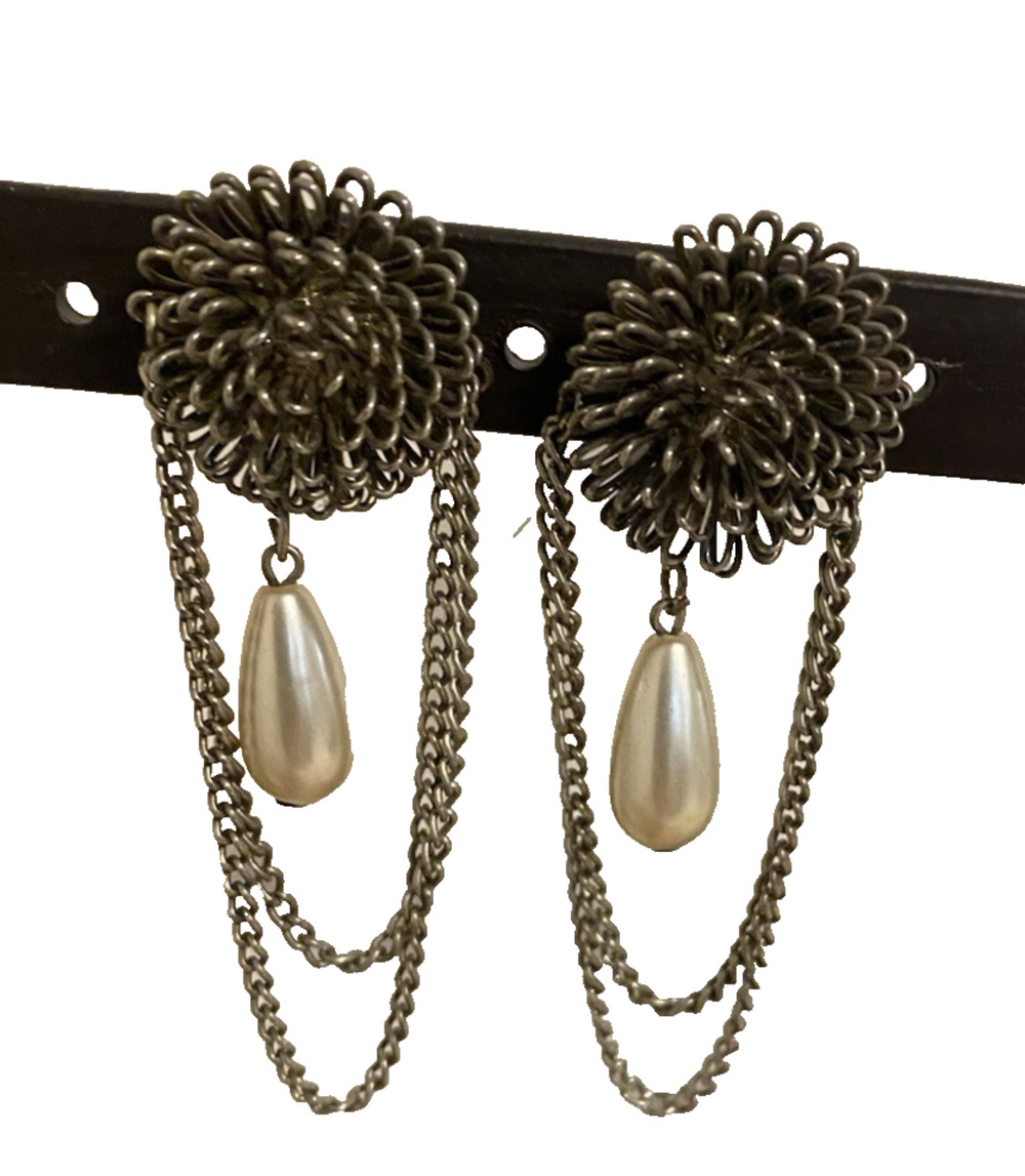 Vtg SilverTone Starburst Floral Faux Pearl Dangle Pierced Earrings 80s Glam Rock